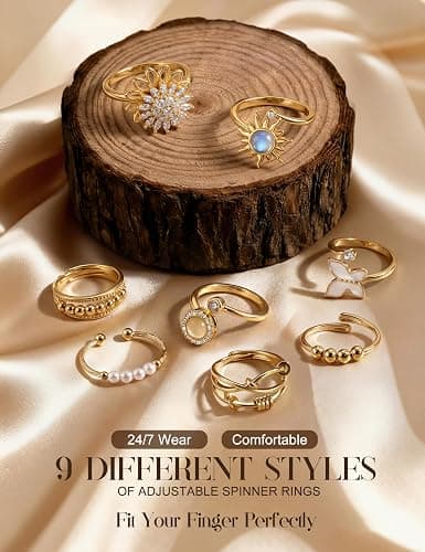 FIBO STEEL Fidget Anxiety Rings for Women - 8Pcs 14K Gold Plated Spinner Adjustable Rings Stress Relief Open Ring Stacks CZ Sun flower Butterfly Bead Evil Eye Non Tarnish Ring Set thumbnail 5
