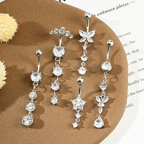 LAURITAMI 14G Dangle Belly Button Rings Set Navel Piercing Jewelry - Smooth Edges for Summer Outfits, 1.6mm Silver Tone CZ Butterfly Heart Flower Rings 5 Pcs thumbnail 9