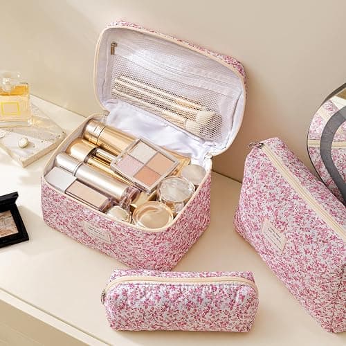 HBselect Quilted Makeup Bag, 3PCS Cotton Large Travel Makeup Bag, Cute Floral Coquette Make up Bag Cosmetic Bag Toiletry Bag for Women Girls thumbnail 2