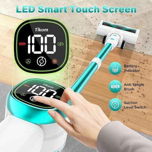 Tikom V500 Cordless Vacuum Cleaner for Home, 40000Pa/450W Stick Vacuum with LED Touch Screen, Charging Wall Dock, Anti-Tangle, Lightweight Handheld Vacuum for Pet Hair, Hard Floor, Carpet, Blue thumbnail 3