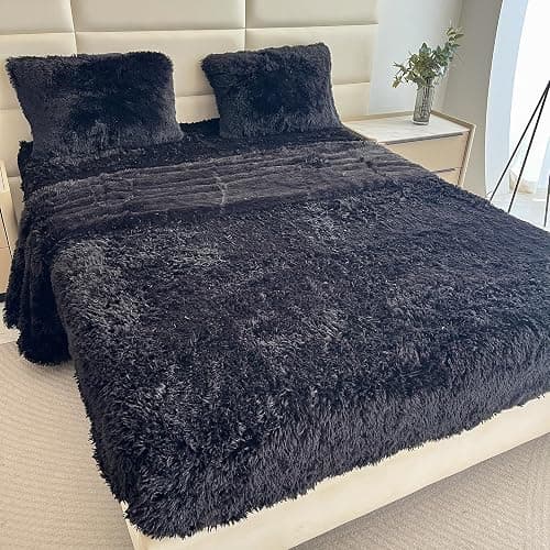 chovy Faux Fur Black Full Sheet Set with Extra Soft Plush Velvet Flannel Fluffy Fuzzy (Pillowcase x 2, Flat Sheet x 1, Fitted Sheet x 1) thumbnail 5