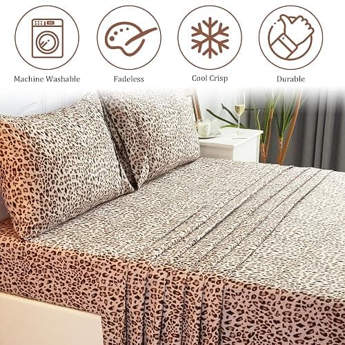 Drozeeo Queen Leopard Print Sheets, Cheetah Pattern Queen Size Sheet Set with Elastic Corner Straps, Soft Microfiber Animal Bedsheet, Brown thumbnail 5