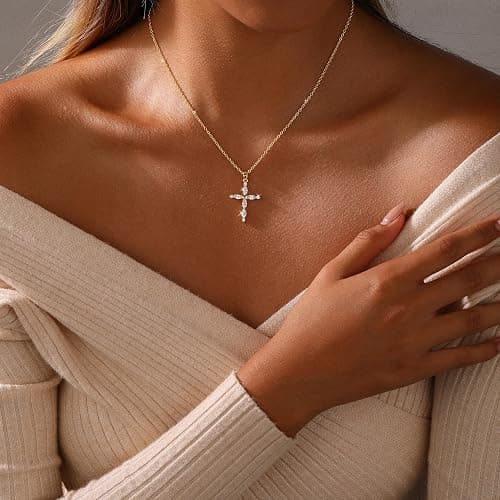 Lyncory Cross Necklace for Women,14K Gold/Silver Plated CZ Cross Charm Choker Pendant Dainty Gold Necklace Round Diamond Faith Religious Trendy Gifts for Women thumbnail 5