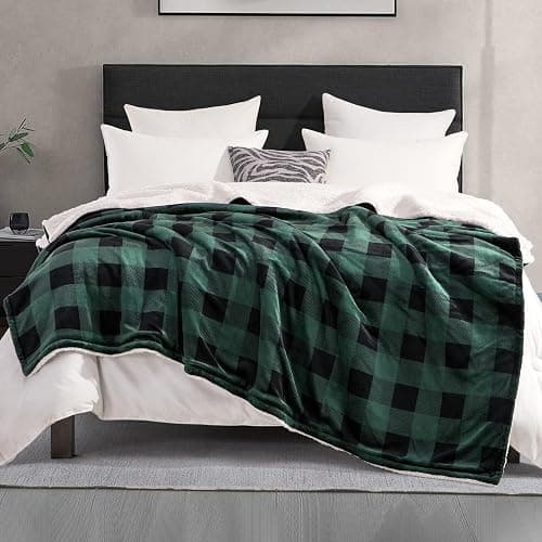 Elegant Comfort Ultra Soft Reversible Buffalo Plaid Flannel Sherpa Blanket - Cozy Silky Checkered Fleece Throw for Couch, Bed - Plush Fuzzy Warm Winter Blanket for Gift, Queen, Green thumbnail 2