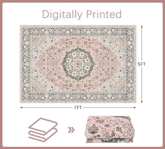 jxgzyy Washable Area Rug 5x7, Non Slip Living Room Rug, Large Low Pile Soft Carpet Pet Friendly Home Decor for Bedroom Dining, Pink thumbnail 2