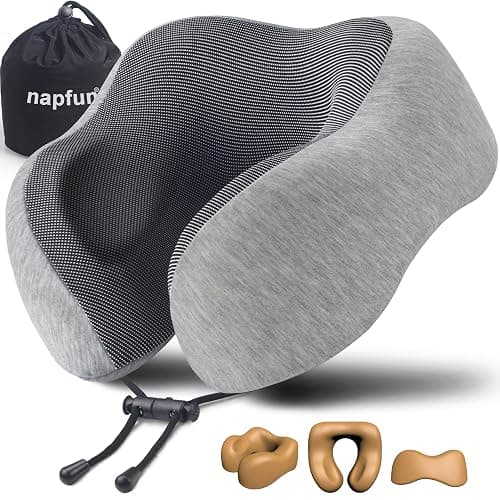 napfun Neck Pillow for Traveling, Upgraded Travel Neck Pillow for Airplane 100% Pure Memory Foam Travel Pillow for Flight Headrest Sleep, Portable Plane Accessories, Light Grey - Image 1