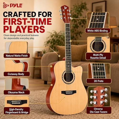 Pyle Beginner Acoustic Guitar Kit - Full Size 41” Cutaway Dreadnought Natural Matte Finish w/ Upgraded Gig Bag, Tuner, Steel Strings, Picks, Strap, Capo, For Beginners/Adults - (Natural, Premium Kit) thumbnail 5