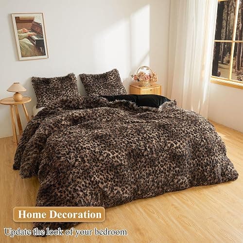 XeGe Fluffy Faux Fur Cheetah Print Pillowcases, Set of 2 Plush Fuzzy Leopard Print Long Bed Pillow Covers, 20x26 Shaggy Furry Pillow Shams with Zipper Bed Couch Sofa, Brown and Black, Standard Size thumbnail 2