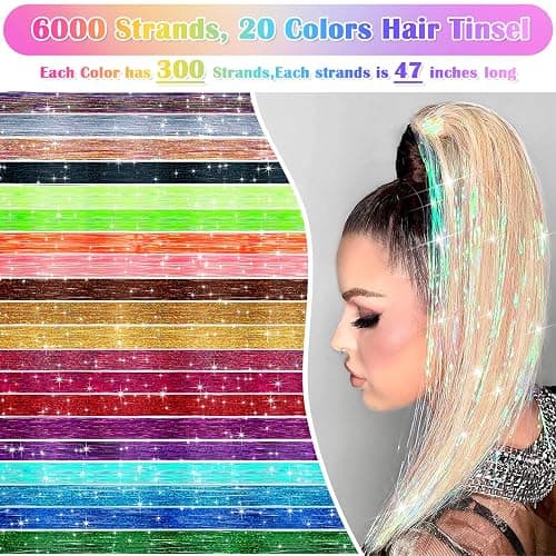 6000 Strands Hair Tinsel Kit in 20 Colors, Glitter Tinsel Hair Extensions Kit Heat-resistant, Fairy Hair Tinsel Tool for Shiny Hair Extension, Women Girls Hair Accessories at Party thumbnail 2