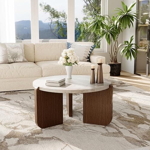 COSIEST Modern Round Coffee Table & Side Table Set, Faux Marble Wood Top, Walnut & Cream White Legs, Minimalist Living Room Center & Accent Table(2 PCS) thumbnail 9
