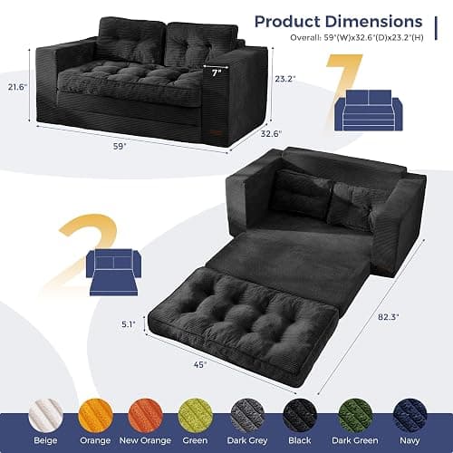 MAXYOYO Folding Sofa Bed, Convertible Sleeper Loveseat with Pillows | 2-Person Fold-Out Loveseat, Convertible Sleeper Bed with Supportive Pillows for Relaxing or Overnight Guests, Black thumbnail 2