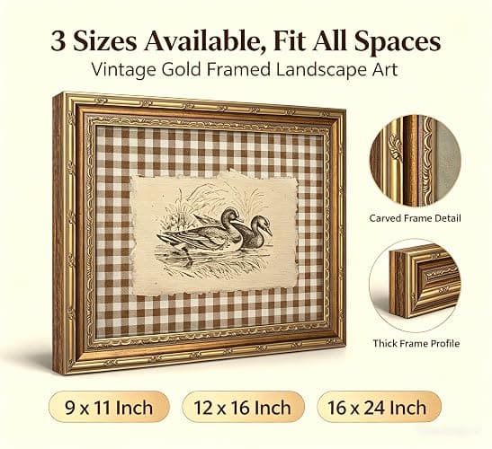 Vintage Gold Framed Wall Art, Brown Gingham Sketch Ducks Canvas Prints, Retro Rustic Farmhouse Animal Picture Wall Decor, Country Cottagecore Goose Poster Artwork for Living Room Bedroom thumbnail 2
