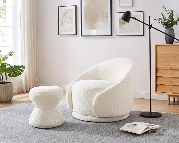 VANOMi Multi-Functional Boucle Ottoman, Vanity Stool Chair, Sturdy Rotating Wooden Footstool, Suitable for Living Room, Bedroom, and Entryway, Without Installation, Swivel, White thumbnail 4