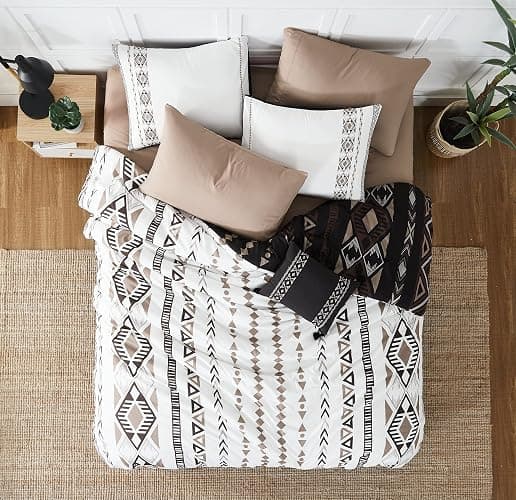 King Size Comforter Set - 7 Pieces Western Bedding Reversible Bed in a Bag | Boho Bedding, All Season Aztec Bed Set with Comforter, Sheets, Pillowcases & Shams, Brown thumbnail 5
