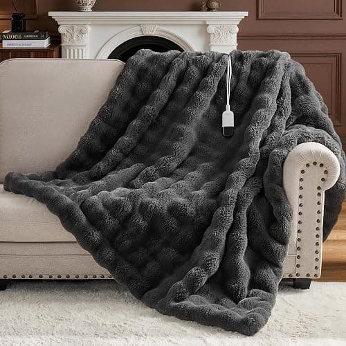 SMRISS Faux Rabbit Fur Bubble Heated Throw Blanket,Darkgrey,50"x62" | Certified by ETL/UL,FCC,OEKO-TEX,12 Heat Levels,5 Time Settings(Up to 8H) Auto-Off,Overheat Protection,Machine Washable thumbnail 9
