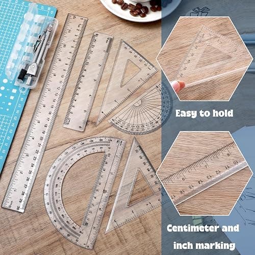 Zonon 1 Set Plastic Geometry Math Set Includes Drawing Compass, 6 and 4 Inch Protractor, 45/60 Degree Triangle Rulers 12 and 6 Inch Math Ruler Transparent for Office Supplies(Clear) thumbnail 5