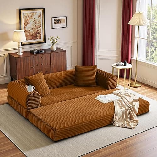 KOPSEE Boneless Couch Versatile Couches for Living Room No-Install Sofa Bed Corduroy Futon Soft Cloud Couch with Pillows for Bedroom Game Movie (Orange) thumbnail 8