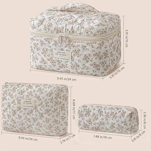 HBselect Quilted Makeup Bag, 3PCS Cotton Large Travel Makeup Bag, Cute Floral Coquette Make up Bag Cosmetic Bag Toiletry Bag for Women Girls thumbnail 6