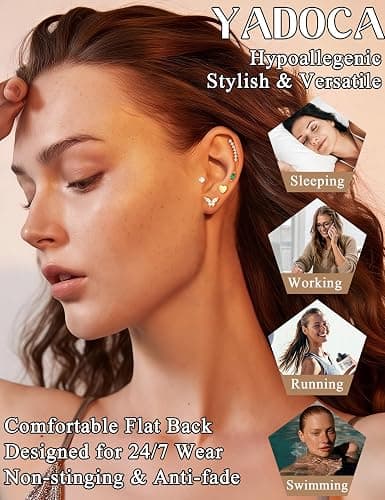 YADOCA 20G/18G/16G Threadless Nose Studs for Women Hypoallergenic Surgical Steel Flat Back Stud Earrings 14K Gold Plated Push in Nose Rings Studs CZ Lip Labret Cartilage Helix Tragus Piercing Jewelry thumbnail 2
