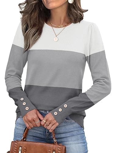 Womens Sweaters Fall Fashion 2025 Long Sleeve Button Cuff Soft Knit Pullover Trendy Tops Dressy Casual Blouses thumbnail 2