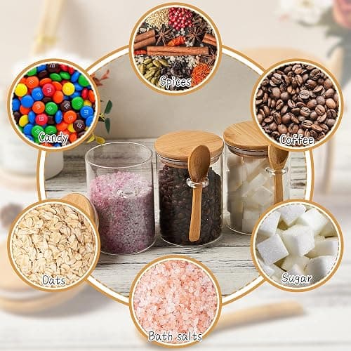 Glass Sugar Container with Spoon - 2 Pack 15oz Glass Jars with Bamboo Lid and Spoon, Bamboo Lid Storage Jar Canister for Coffee Beans, Spice, Brown Sugar, Tea, Flour, Nuts, Candy, Salts and More thumbnail 6