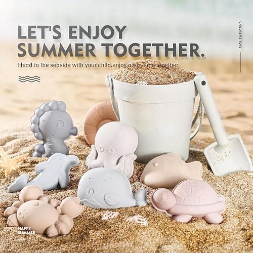 MarcZero 11Pcs Silicone Beach Toys Set - Travel Friendly With Bucket, Shovel, 8 Sand Molds, Bag - Modern Baby Sand Toys for Toddlers, Kids (Gray) - Gray thumbnail 5