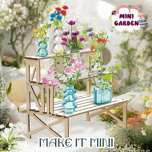 70 Pcs Make It Mini Botanicals Collectibles Playset, Paper Flower Bouquet DIY Crafts, Miniature Garden, Mini Plants, Bonsai, Potted, Succulent, Farm, Wooden Stand for Display, Toy Gift, Age 6+ (Brown) thumbnail 2