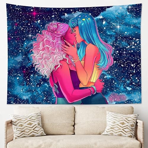 HVEST Lesbian Tapestry LGBT Girl Pride Love Rainbow Tapestries Wall Hanging Pretty Two Girls Kissing Tapestry Art Blanket for Living Room Bedroom Teen Dorm,80x60 Inches thumbnail 3