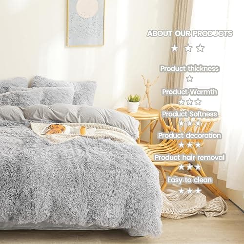 FOPPA Plush Comforter Cover Set Queen - Ultra Soft Fuzzy Gray Bedding 3 Pieces (Faux Fur Duvet Cover + 2 Shaggy Pillow Cases) Fluffy Bed Set thumbnail 5