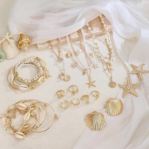 Vieyomn 32 Pcs Starfish Seashell Jewelry Set for Women Layer Necklace Bracelets Stackable Shell Starfish Rings Stud Earrings Pearl Beach Vacation Accessories thumbnail 7