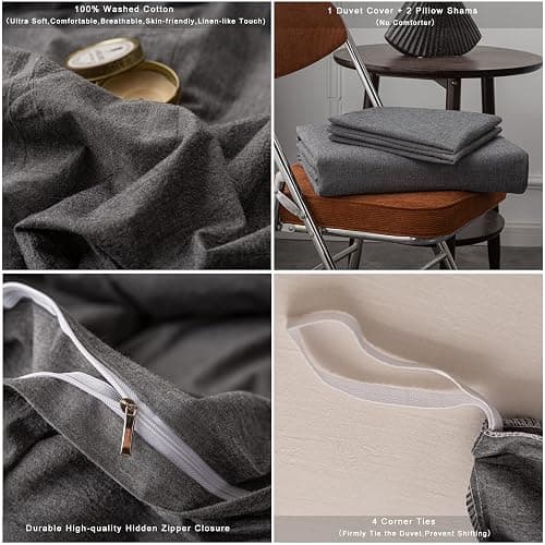 Janlive Washed Cotton Duvet Cover Full Ultra Soft 100% Cotton Solid Color Gray Duvet Cover Set with Zipper Closure -3 Pieces Grey Full thumbnail 6