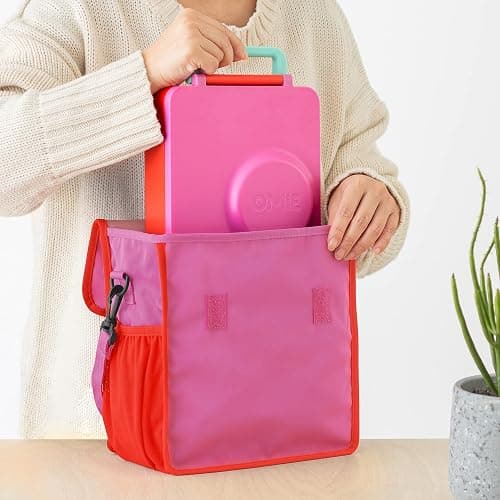 Omie OmieBox Lunch Bag - Washable, Foldable, Durable, WaterResistant Fabric with Interior Pocket and External Bottle Holder (Pink) thumbnail 2