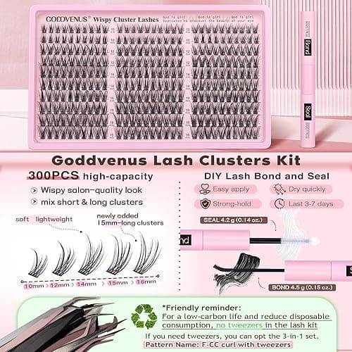 Goddvenus Lash Clusters Kit Wispy Eyelash Clusters Lashes Natural DIY Lash Extension Kit 10-16mm Cluster Eyelash Extensions Kit 300pcs C Curl Individual Lashes Cluster Eyelash (No Tweezers) thumbnail 6