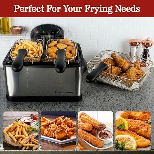 Classic Cuisine Deep Fryer, 4L Electric Oil Fryer, Silver, 16”x12.5”x9” | Stainless-Steel Cooker with 3 Baskets, Cool Touch Features, See-Through Lid and Double Odor Filter Technology thumbnail 7