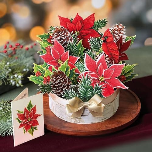 Freshcut Paper Pop Up Cards, Birch Poinsettia, 10 Inch Life Sized Forever Flower Bouquet 3D Popup Greeting Cards, Christmas Card, Holiday Card, Blank Notecard & Envelope - Birch Poinsettia thumbnail 2