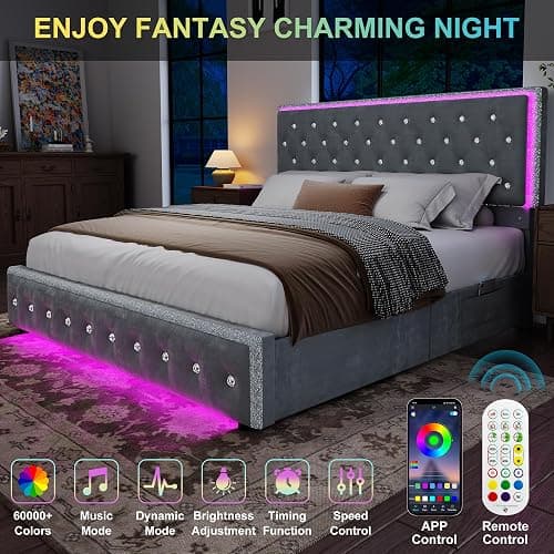 Torana Queen LED Bed Frame with 2 Drawers, Soft Velvet Platform Bed with Diamond Tufted Headboard Footboard and 2 Side Pockets, Mattress Foundation with Wooden Slats Support No Box Spring Needed, Grey thumbnail 3