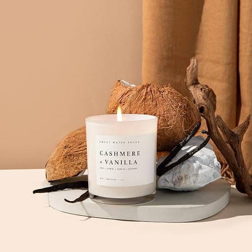 Sweet Water Decor Cashmere and Vanilla Soy Candle - Soft Cashmere, Sandalwood, Jasmine, and Vanilla Scented Candle for Spring - 11oz White Jar and Wood Lid, 50+ Hour Burn Time, Made in The USA thumbnail 6