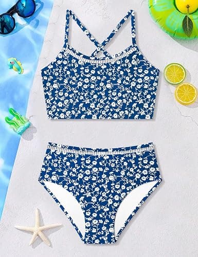 TyeSmo Girls Swimsuit Two Piece Cross Back Bikini Cutout Bathing Suit for Girls Adjustable Straps Swimwear 9-16Y thumbnail 6