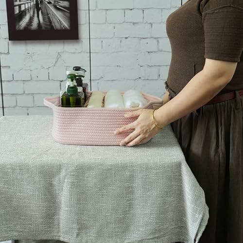 Woven Cotton Rope Storage Basket with Handles for Organizing Shelves Closet Small Cat Dog Pet Toy Baskets Box Bin Decorative Rectangle Baby Nursery basket Gift Basket Empty Light pink thumbnail 2
