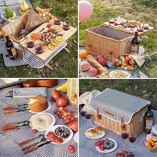 Panier de pique-nique en osier pour 4 ou 4 personnes - Kit de pique-nique en osier avec couverture, table portable en bambou pour le camping et les fêtes en plein air thumbnail 5