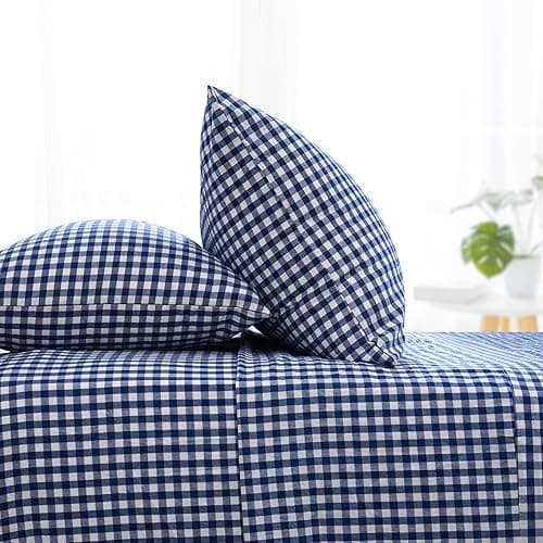 Cotton Queen Sheet Set 4 Piece Gingham Bed Sets, Soft, Smooth, Durable, Easy Care, 16" Deep Pocket Checkered Queen Sheets - 1 Flat, 1 Fitted, 2 Pillowcases Blue Color - Checkered Blue - Queen thumbnail 7