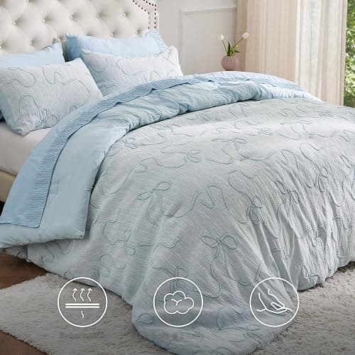 Bedsure Queen Comforter Set, Dusty Blue Boho Tufted Bed Set, 3D Puffy Jacquard Bedding Queen Size, 3 Pieces, 1 Farmhouse Shabby Chic Embroidery Comforter with Bow Pattern & 2 Pillow Cases thumbnail 6