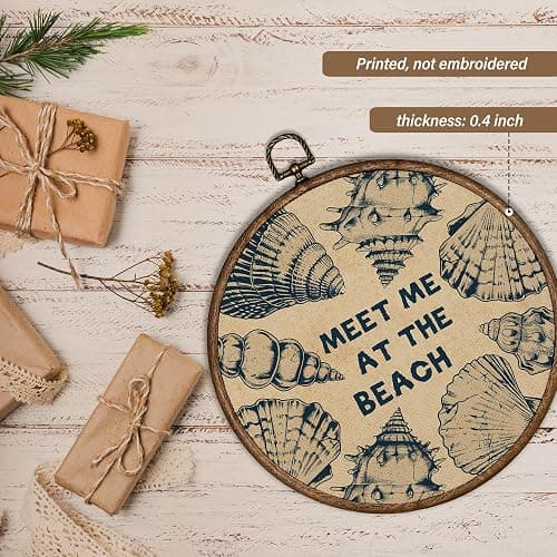 XBBMGG Coastal Seashell Wall Art Decor, Vintage Meet Me at The Beach Shell Round Wall Hanging Decor, Nautical Seashell Framed Canvas Prints for Living Room Bathroom Decorations, 10x10inch thumbnail 6