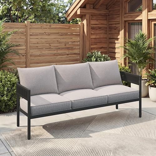 Gand Patio Outdoor 3-Seat Couch Sofa, Wicker Conversation Set with Thick Cushion for Porch, Garden, Yard, Beige thumbnail 2