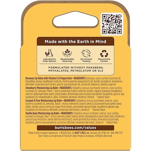 Burt's Bees Lip Balm, Beeswax, Strawberry, Coconut and Pear, and Vanilla Bean Pack, With Responsibly Sourced Beeswax, Tint-Free, Natural Lip Treatment, 4 Tubes, 0.15 oz. thumbnail 9