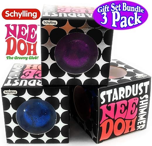 Nee-Doh Schylling Stardust Shimmer Groovy Glob! Squishy, Squeezy, Stretchy Stress Balls Blue, Red & Purple Complete Gift Set Party Bundle - 3 Pack thumbnail 2