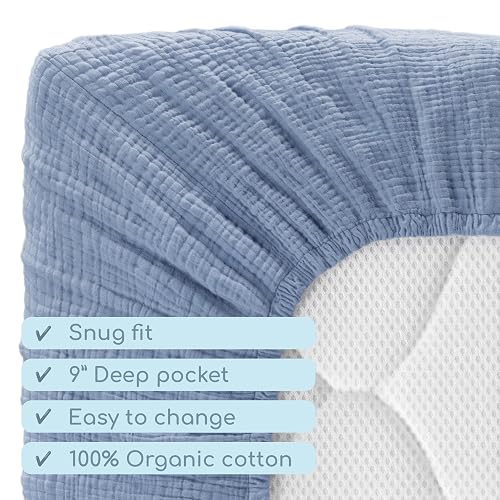 ROMY RO Muslin Crib Sheets, 100% Organic Cotton, Breathable and Ultra-Soft, Standard Crib Sheet Mattress (28"x 52") for Girls and Boys, Neutral Fitted Baby Crib Sheet (Blue) thumbnail 6