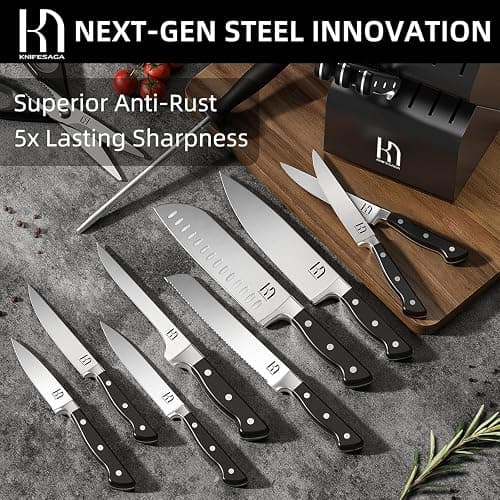 KnifeSaga Knife Set, 15 Pcs Kitchen Knife Block Set, Enduring Razor-Sharp Japanese High Carbon Stainless Steel Chef Knife Set with Block and Sharpener, Premium Black Knives Set for Kitchen thumbnail 5