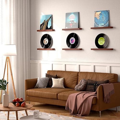 Heimlove 6 Pack Solid Wood Vinyl Record Wall Mount Shelves, Rustic Brown 12 Inch Vinyl Holder for Album Record Storage & Display, Floating Shelves for Wall Decor, Kids Bookshelf, Magazine Rack - 6 Pack - Solid Pine Wood(brown) thumbnail 2