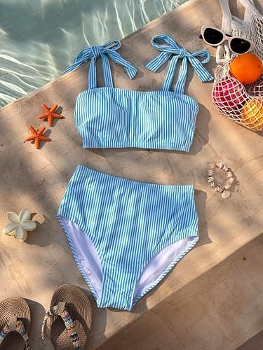 Herseas Women's Tie Shoulder Bikini Sets 2 Piece Striped Swimsuits High Waisted Bathing Suits thumbnail 3